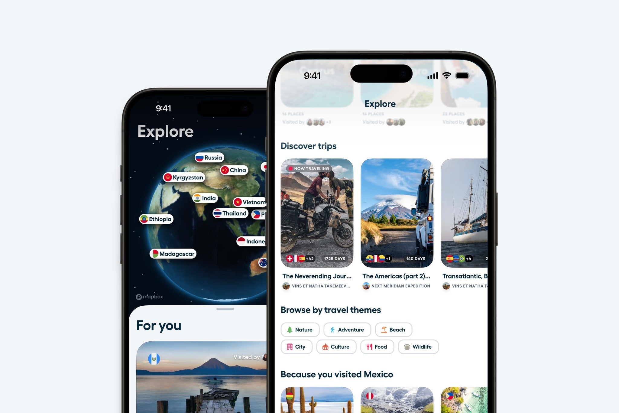 Two screenshots showing the Polarsteps Explore tab, one with a map of the world and the other with trip suggestions tailored to individuals' travel styles