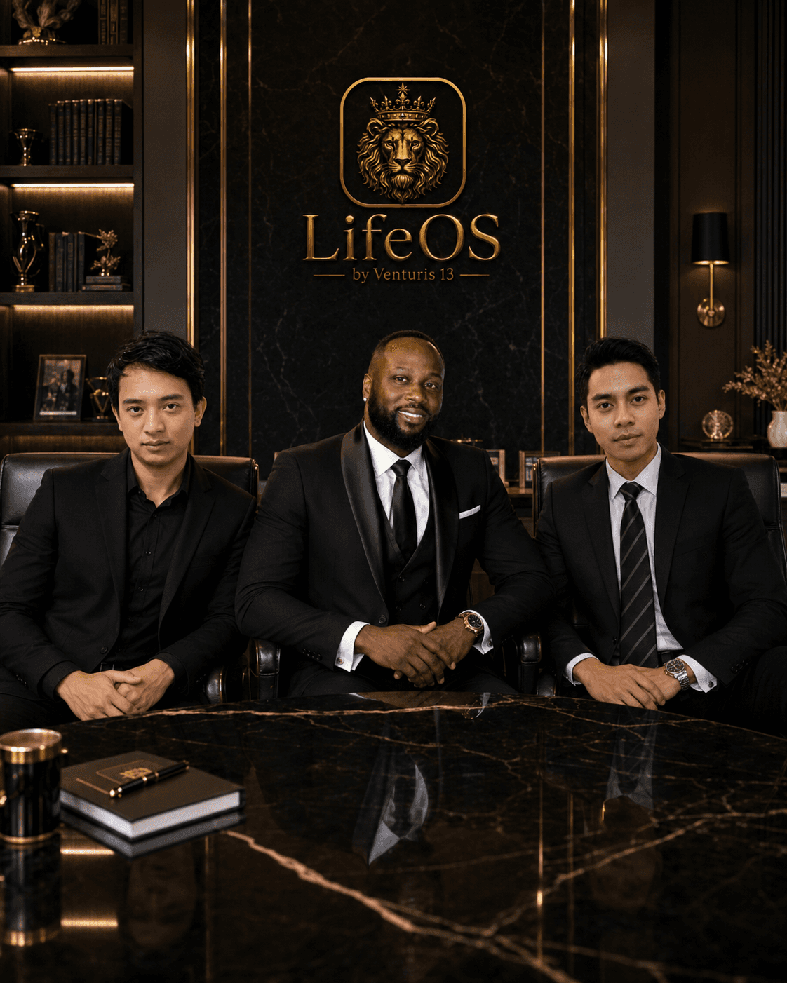 Three executives seated beneath the gold LifeOS by Venturis 13 logo in a black-and-gold office.