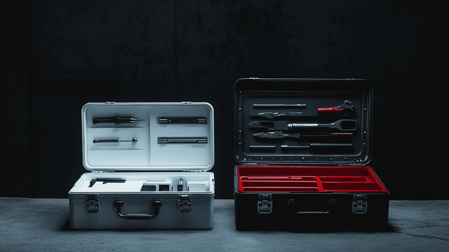 Two toolboxes side by side on a dark studio surface left: a sleek minimal white box, open, revealing simple plug-and-play tools, clean and accessible but shallow. Right: a heavier industrial dark metal box, open, revealing complex layered tools, deeper, more powerful, requiring skill to use. Dramatic chiaroscuro lighting, editorial product photography. No text, no labels. Cinematic still life.