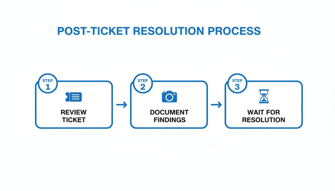 A three-step flowchart illustrates the post-ticket resolution process, including review, documentation, and waiting for resolution.