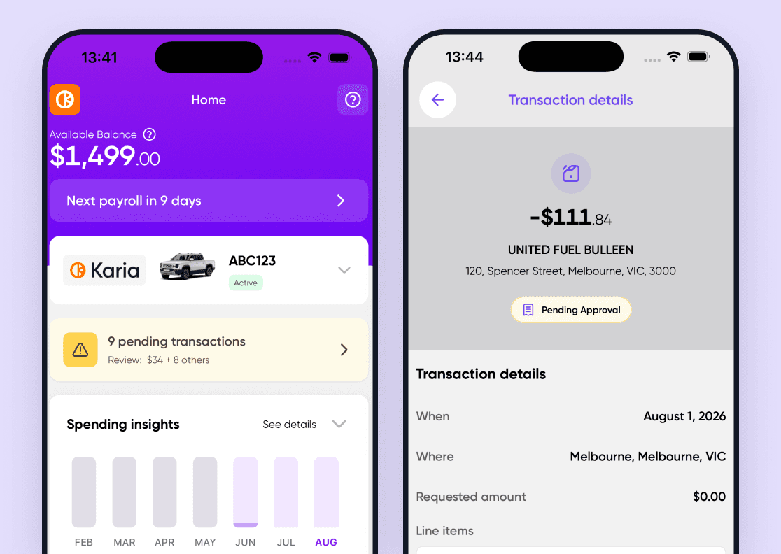 Two Novated Driver app screens: a home dashboard showing available balance, next payroll and spending insights, and a fuel transaction's details awaiting approval