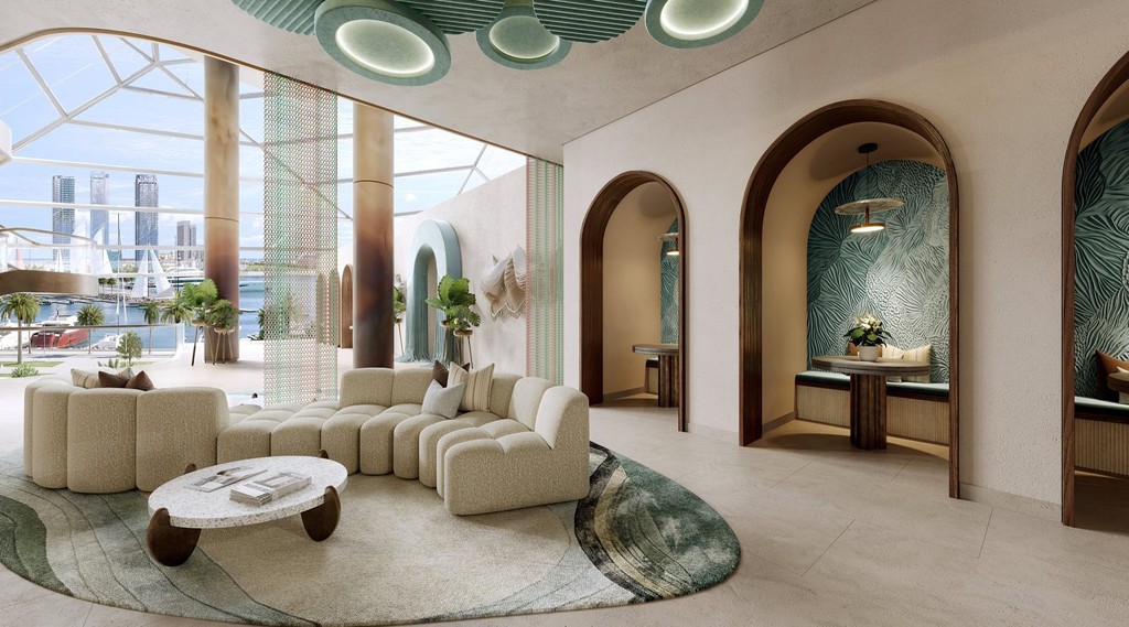 The lobby of a luxury hotel in Portside Square is beautifully decorated with ornate arches, exuding sophistication.