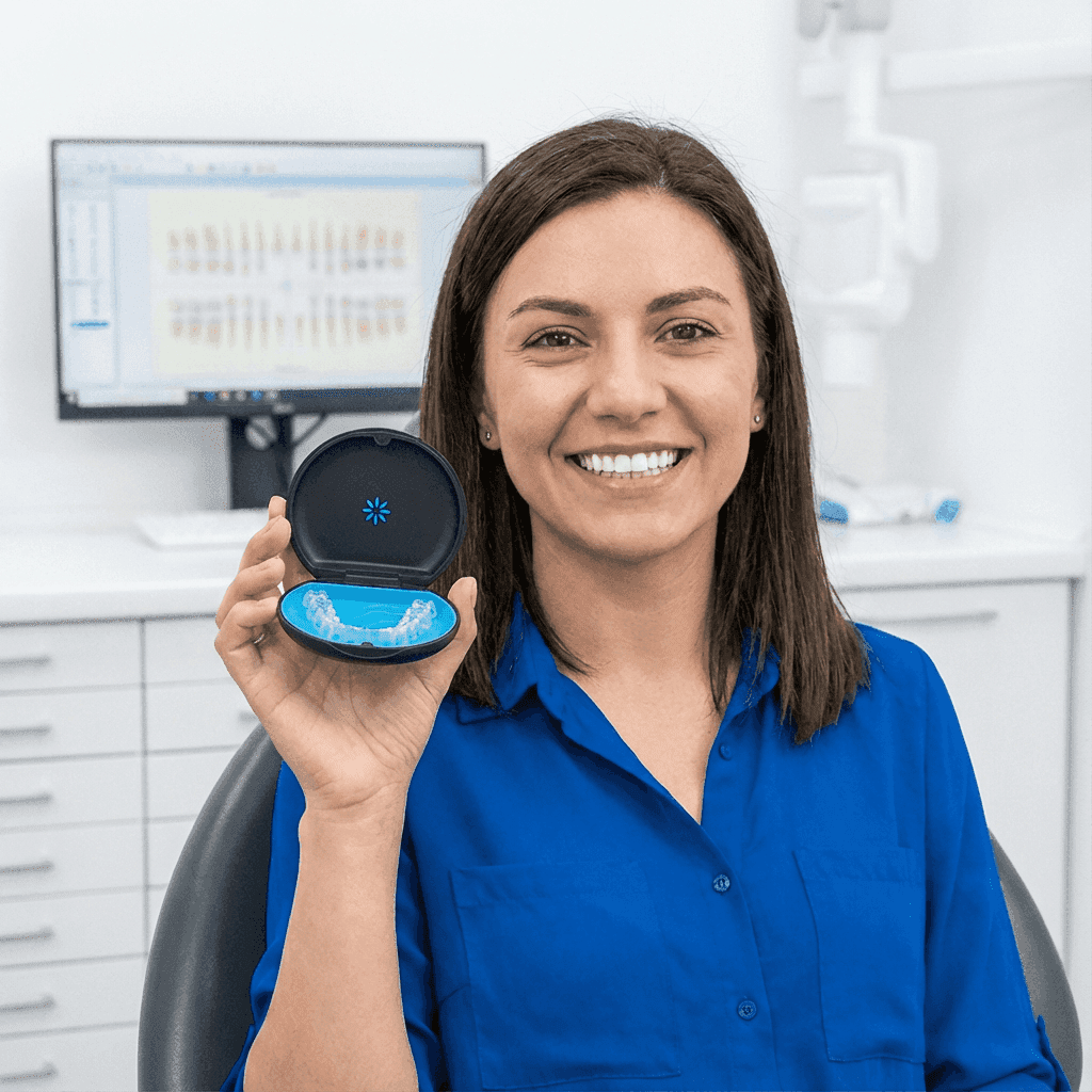 Invisalign treatment in Dubai with a client smiling and holding her new retainer after completing the plan at Invisalign Center.