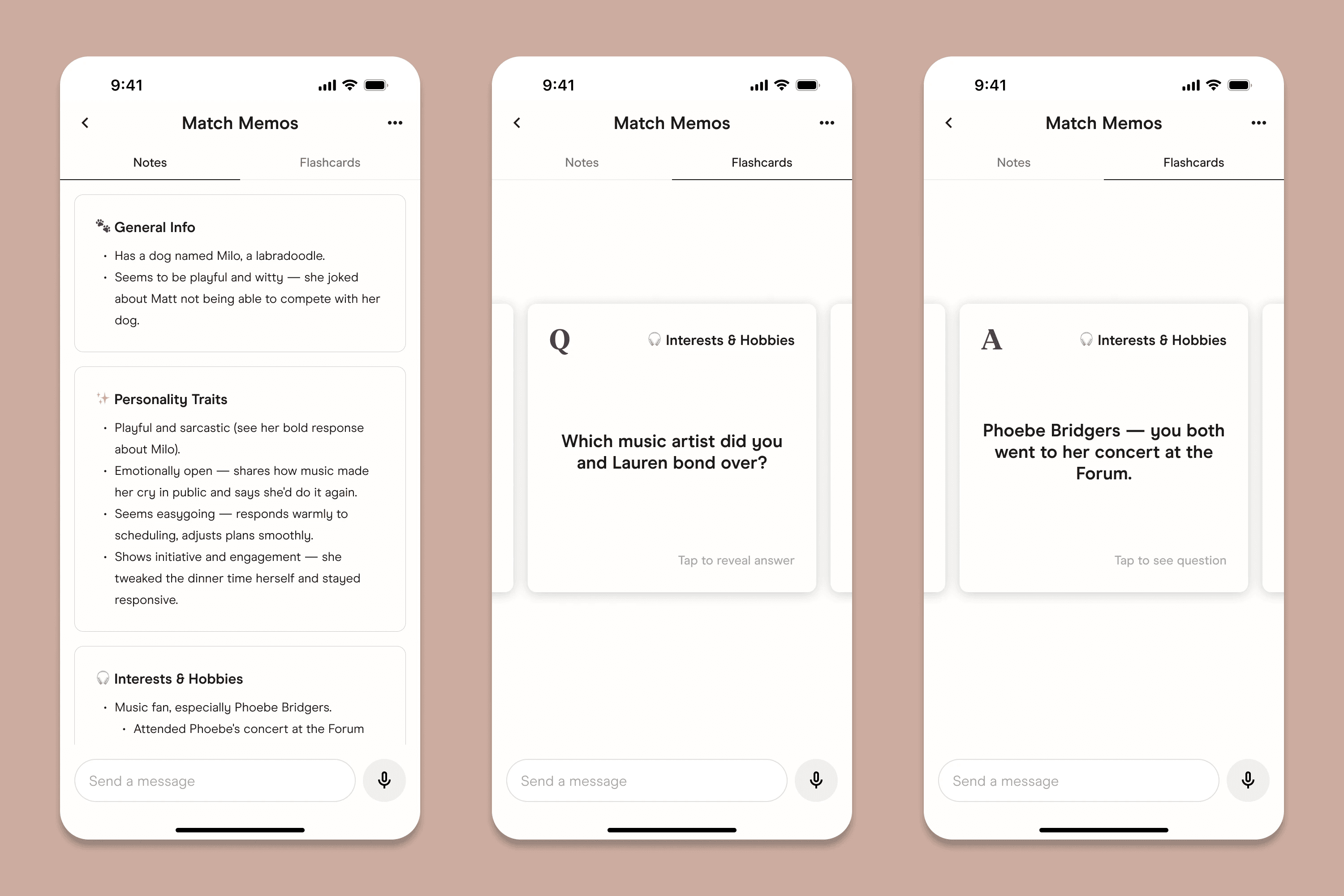 As conversations grow, it's easy to lose track of important details. Match Memos creates lightweight summaries so users can remember interests, plans, and meaningful moments without rereading entire chats.