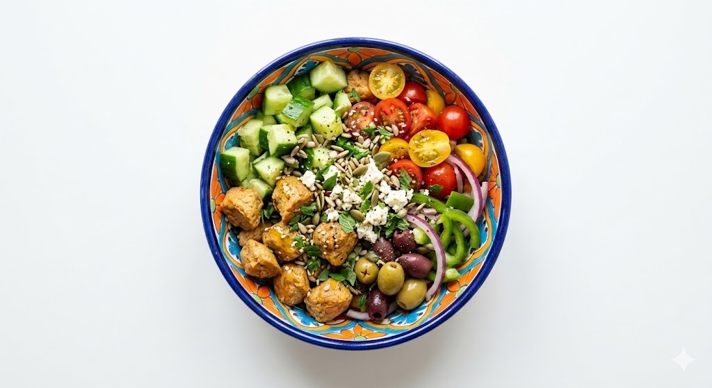 A top-view photograph of a Mediterranean soy chunk salad in a colorful ceramic bowl, featuring cucumber, cherry tomatoes, olives, red onion, feta cheese, and mixed seeds, on a plain white background.