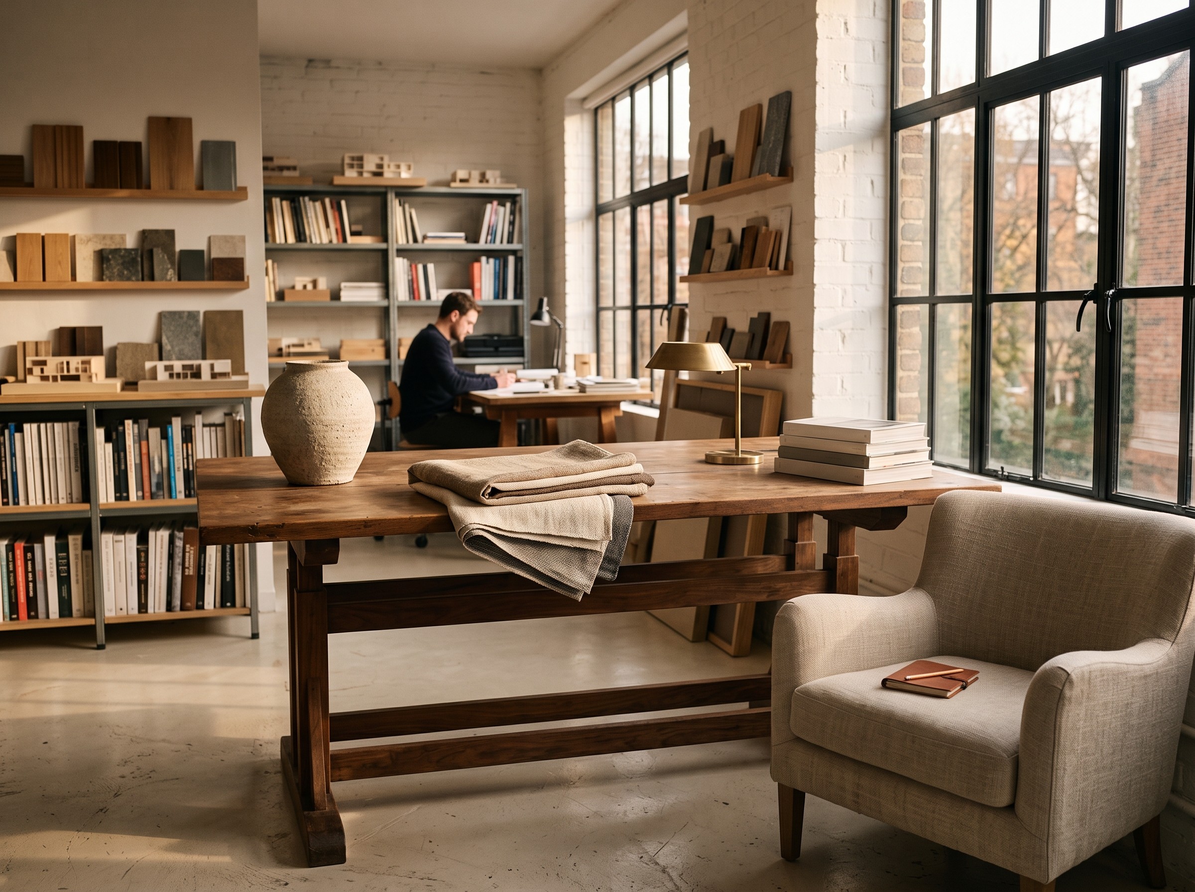 A double warm, intimate interior vignette — a linen-upholstered chair beside a large window