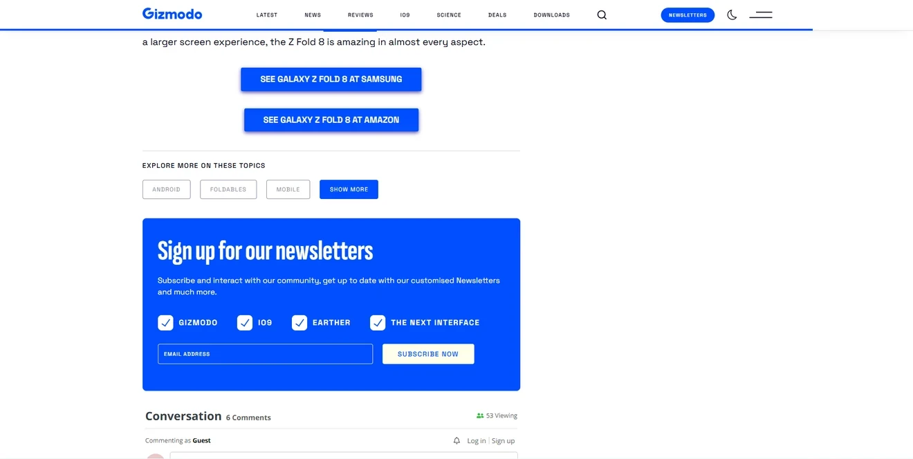 Gizmodo end-of-article newsletter signup form with topic preference checkboxes