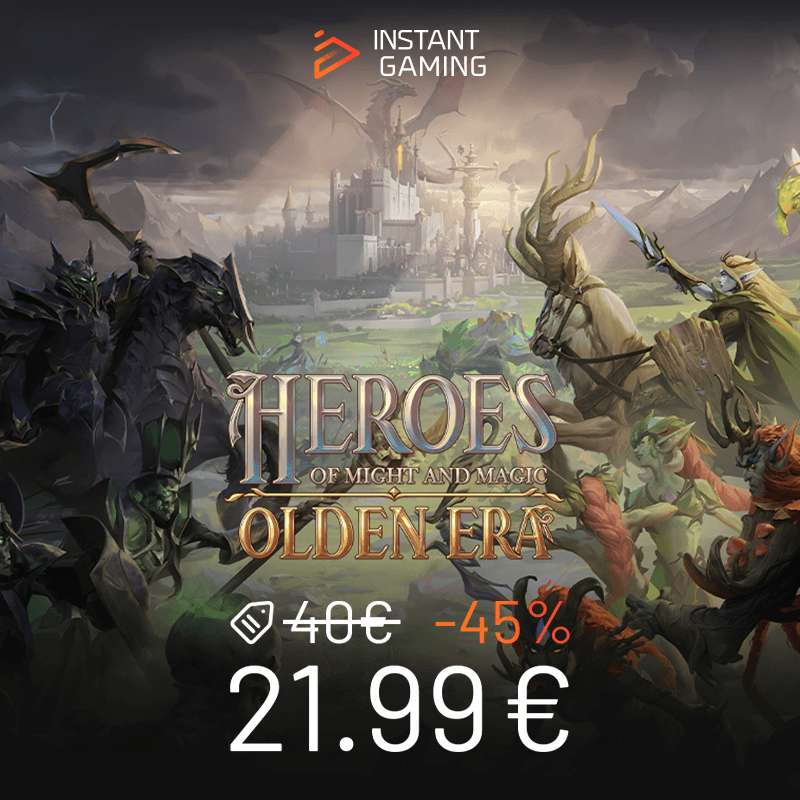 Promotion Heroes of Might and Magic Olden Era à 21.99€ sur Keyverse Gaming, illustrant un affrontement épique entre factions.
