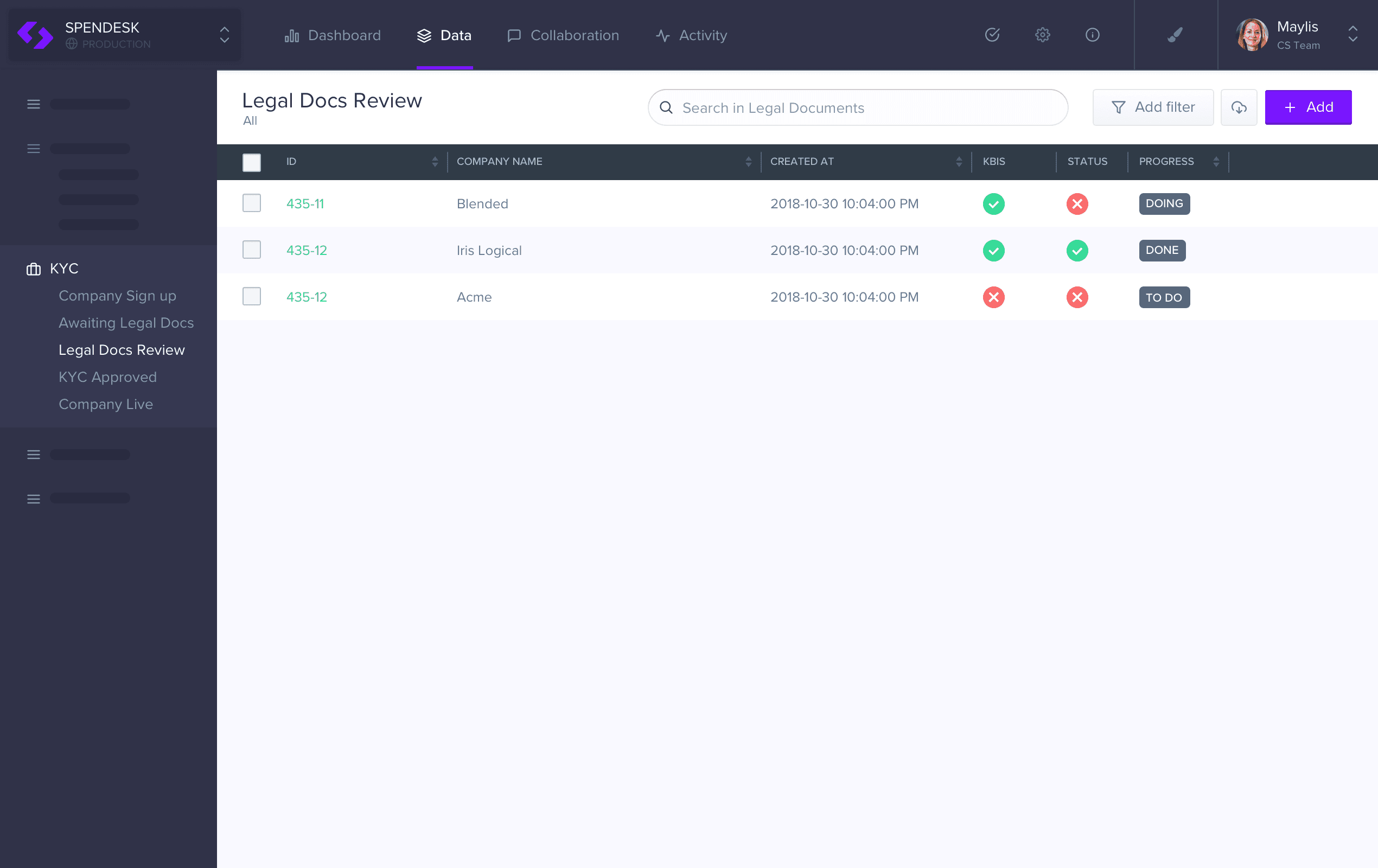 A Forest Admin collection view example on KYC.