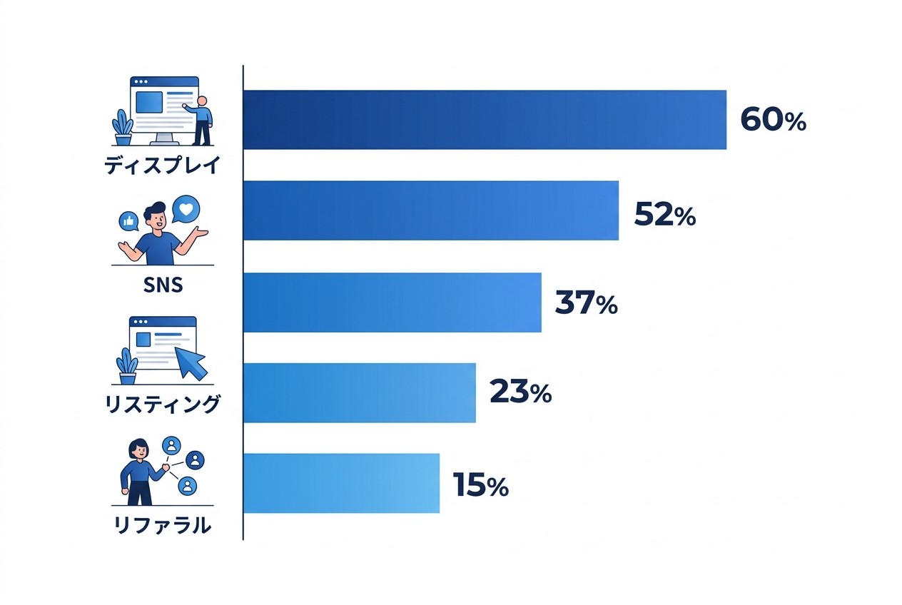 流入元別の直帰率は目的や広告フォーマットにより大きく異なる。認知目的のディスプレイ広告は直帰率70%超でも正常だが、コンバージョン目的のリスティング広告で同水準なら改善が必要。