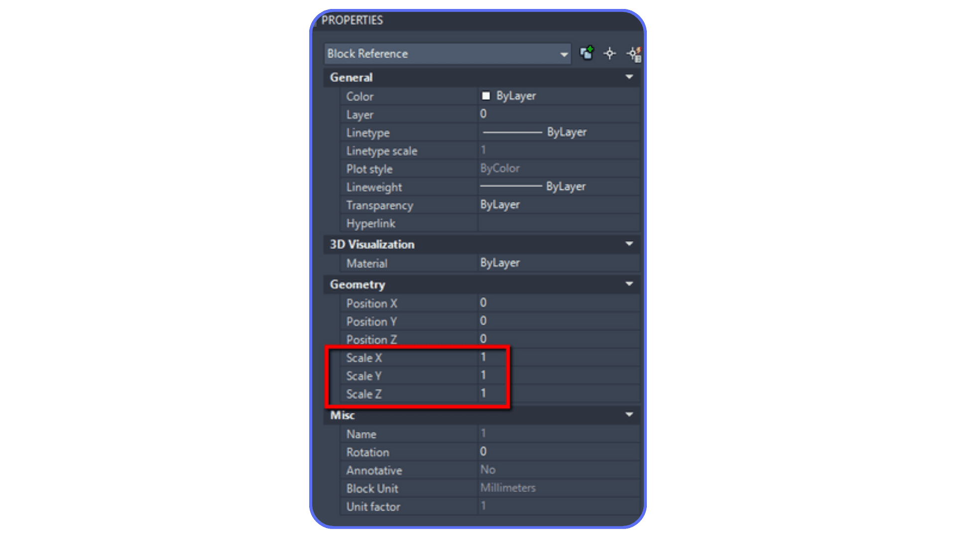 AutoCAD Properties panel showing block reference scale values for X, Y, and Z axes.