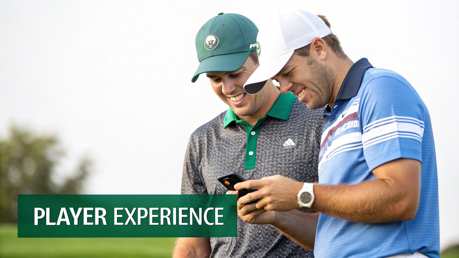 Two smiling male golfers looking at a smartphone, enjoying a positive player experience.
