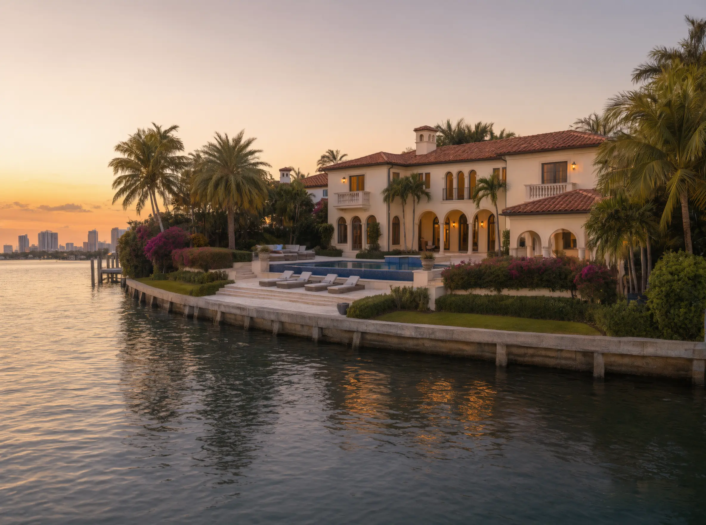 Waterfront view from the bay of a luxury Mediterranean-style Star Island estate at sunset, featuring a swimming pool, lounge chairs, lush tropical landscaping with vibrant bougainvillea, and a distant city skyline