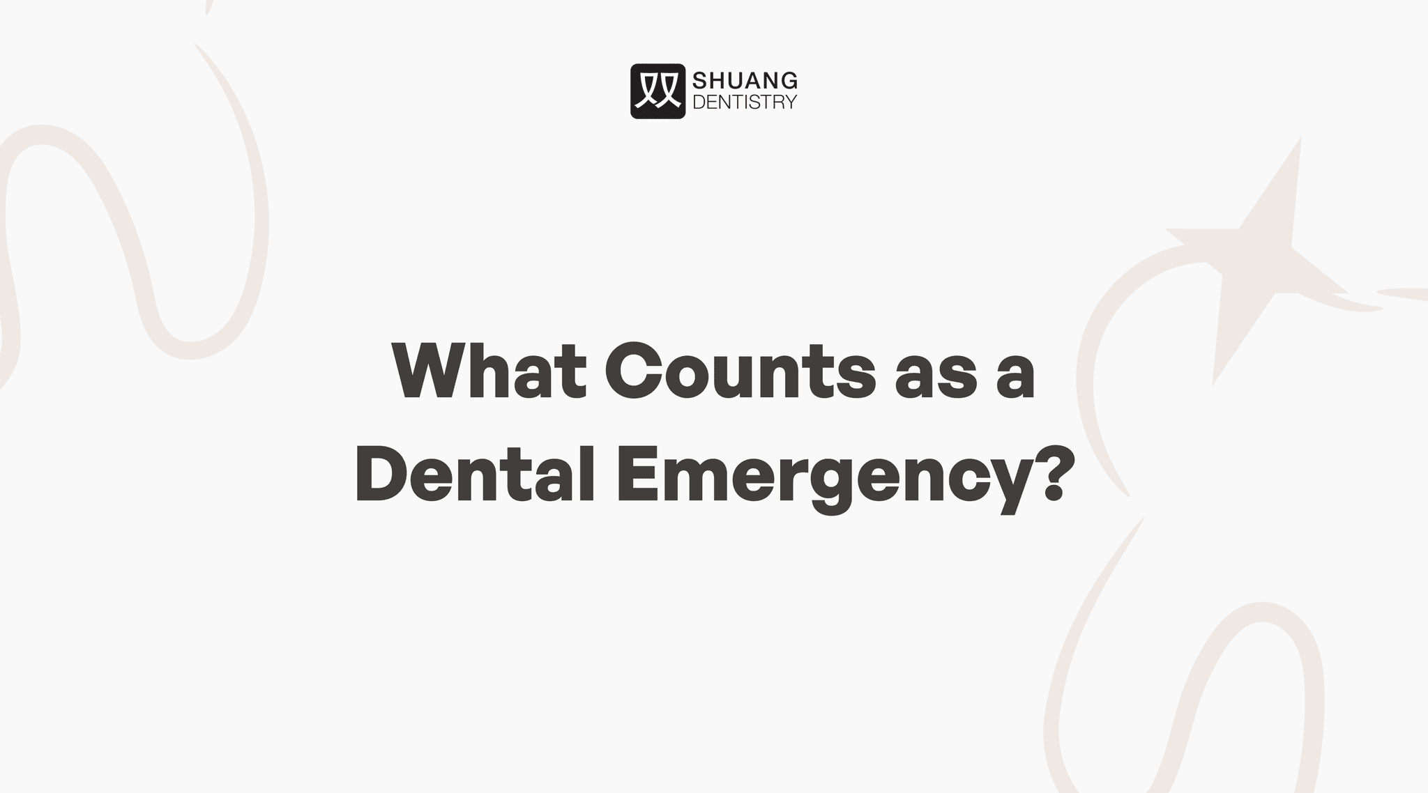 The image is a promotional graphic for Shuang Dentistry, featuring the text "What Counts as a Dental Emergency" alongside logos for Medisave, Merdeka Generation, CHAS, and Pioneer Generation, on a white background with abstract designs, related to financial assistance for dental care options in Yishun, including emergency dentist services and 24/7 accessibility.