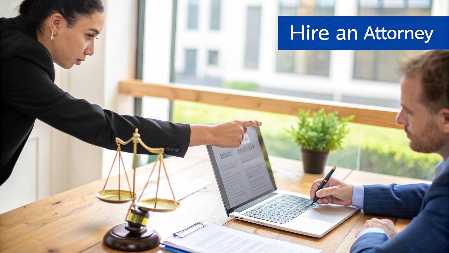 A female attorney in a black suit points at a laptop screen during a legal consultation with a male client.