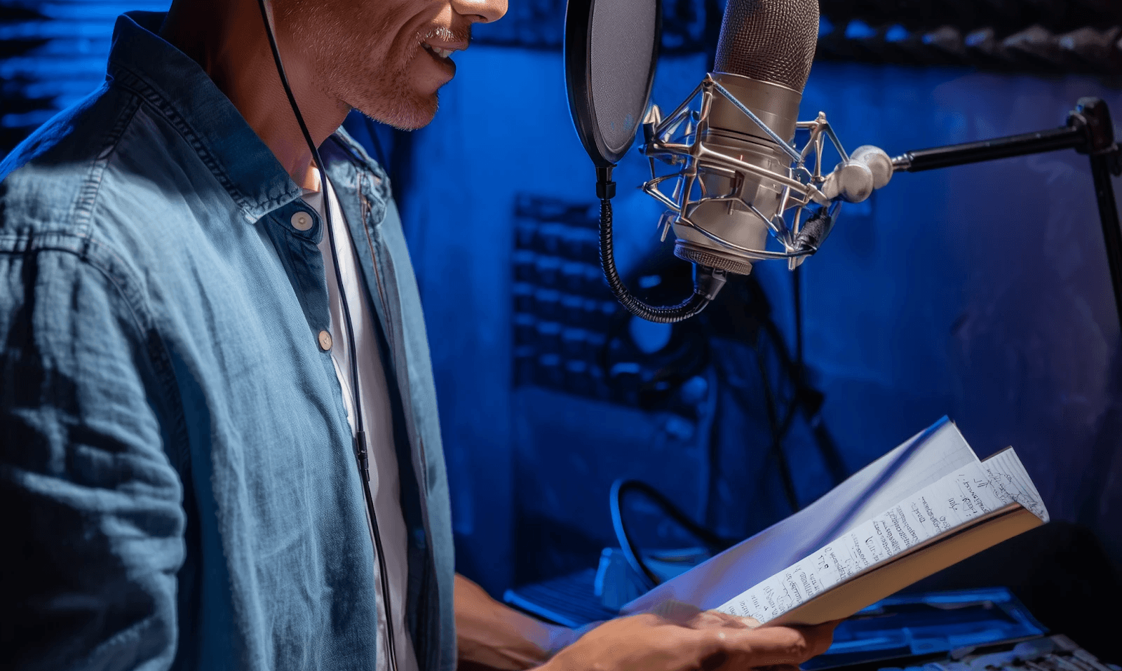 A man recording from a script in front of a mic