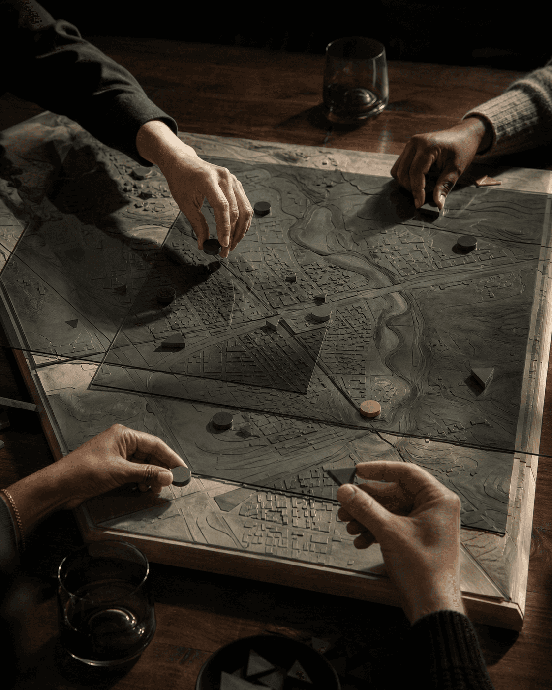People place markers around a relief map during a public planning session.