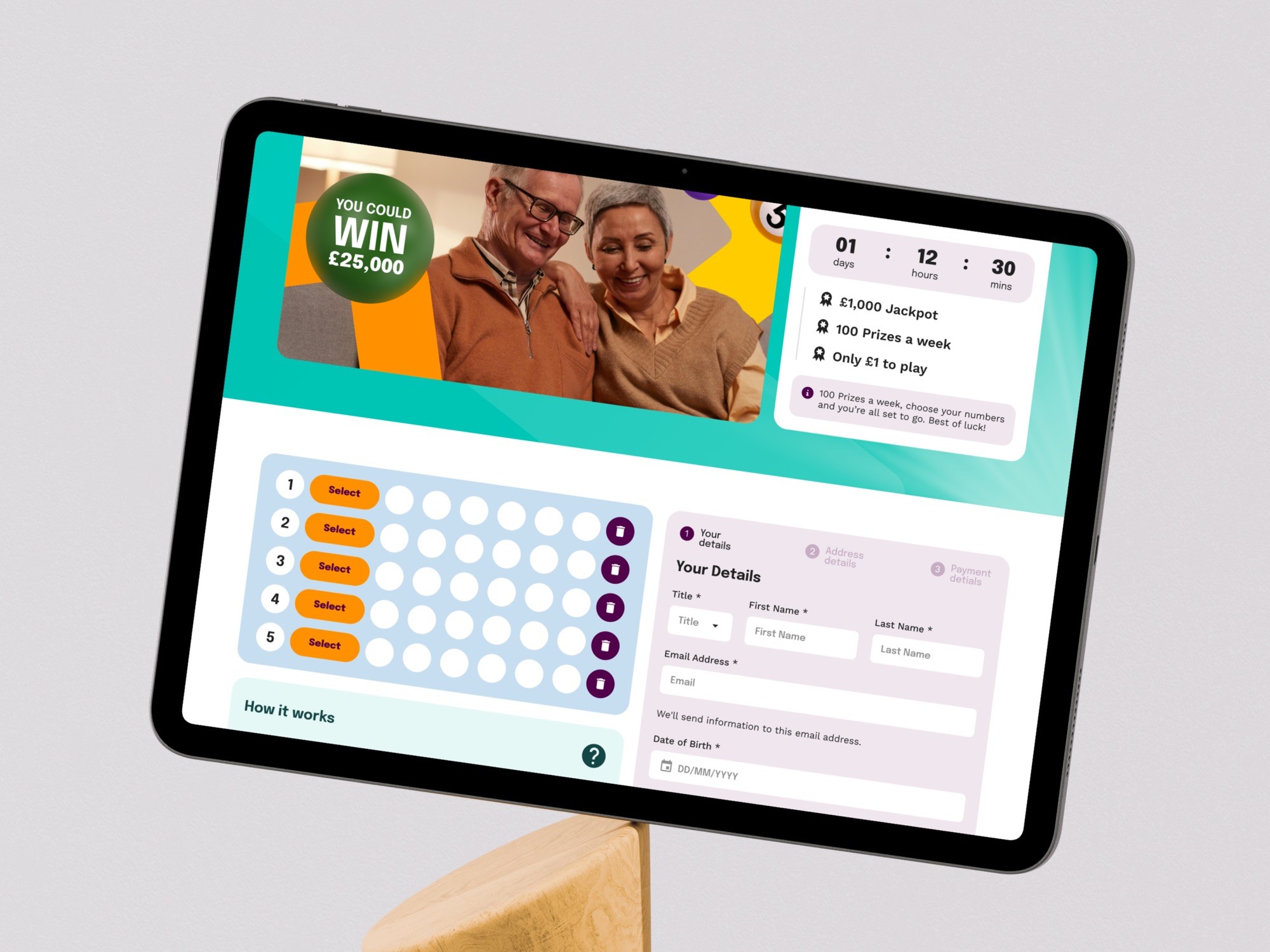 Weekly lottery entry on a tablet, with a draw countdown, number picker and details on one screen