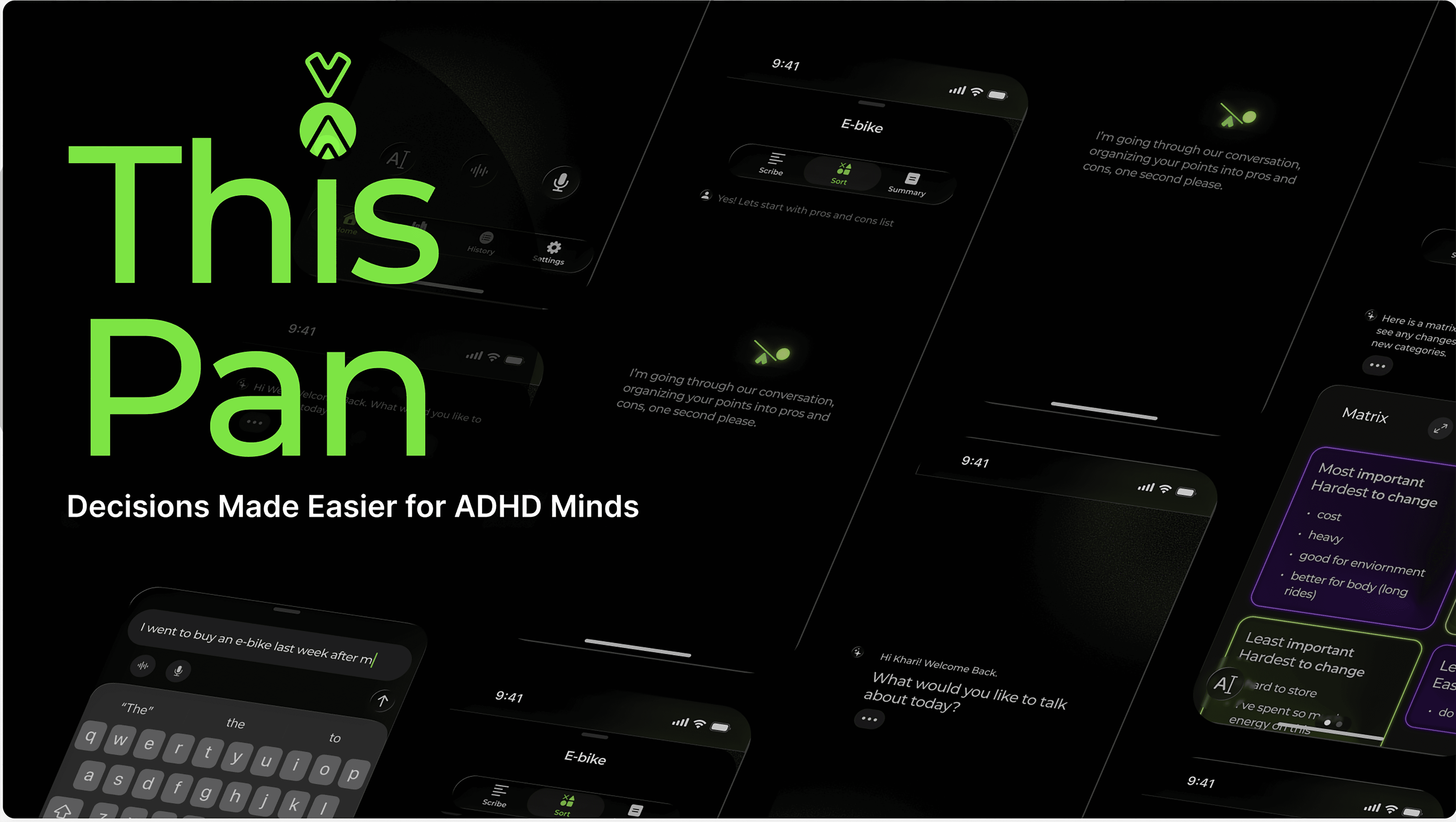 Hero image with title and tagline, "This Pan. Decisions made easier for ADHD Minds". The background has multiple screen shots arranged in a pattern.