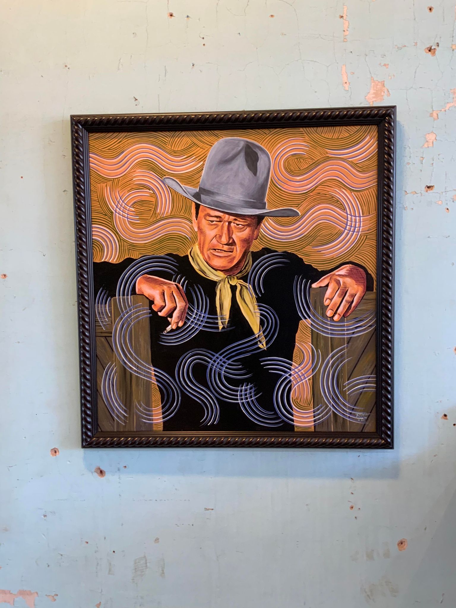 A portrait of John Wayne with Chuck's signature wavy line style