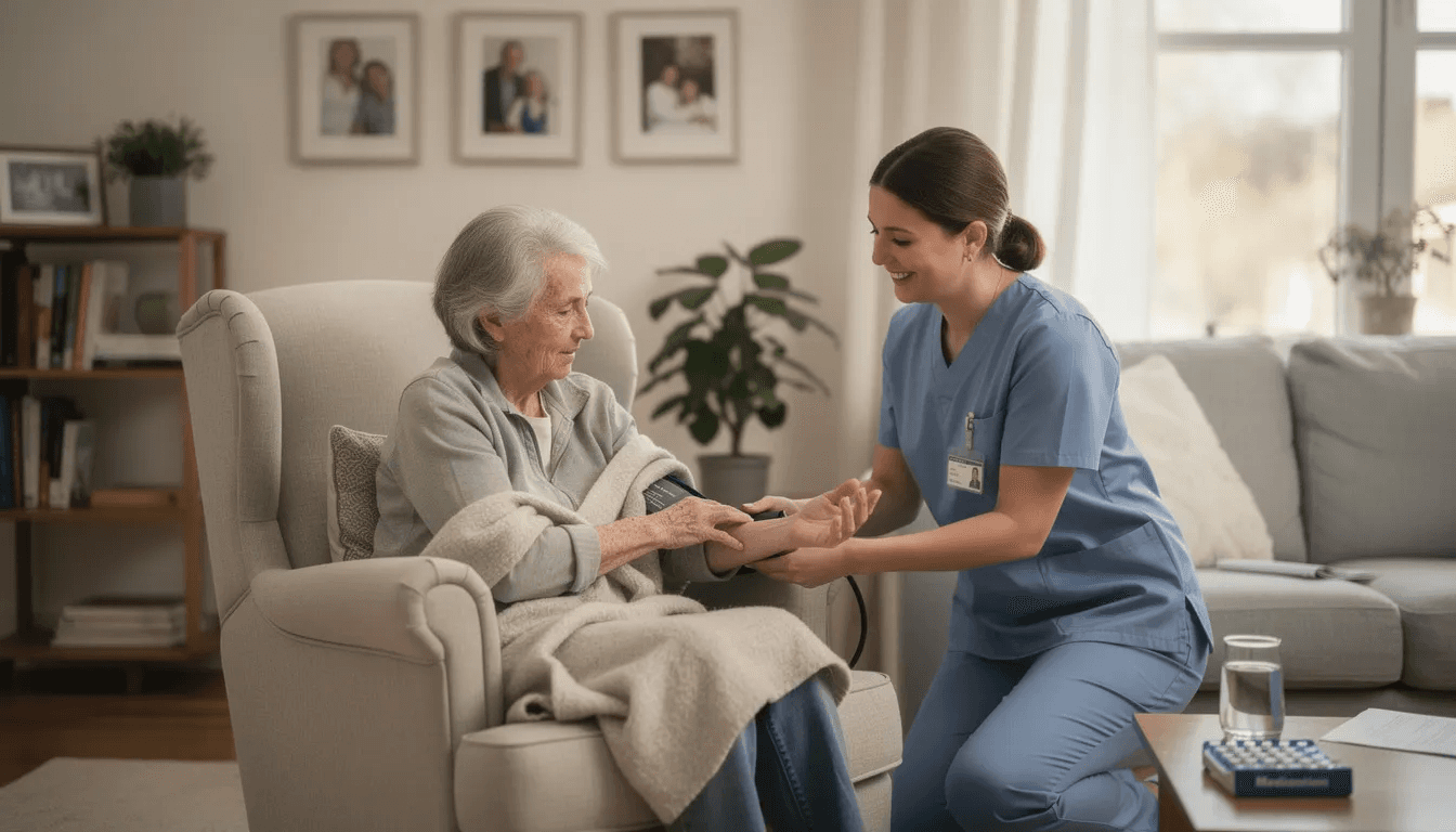 An elderly patient is seated comfortably in their home while a healthcare professional assists them with medical needs. The scene reflects a caring environment, emphasizing the importance of managing health costs and ensuring the patient receives proper care, which may involve trust assets for covering essential expenses.