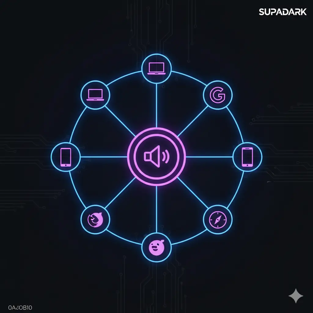 A circular diagram features various digital devices and icons radiating from a central speaker symbol, set against a dark background.
