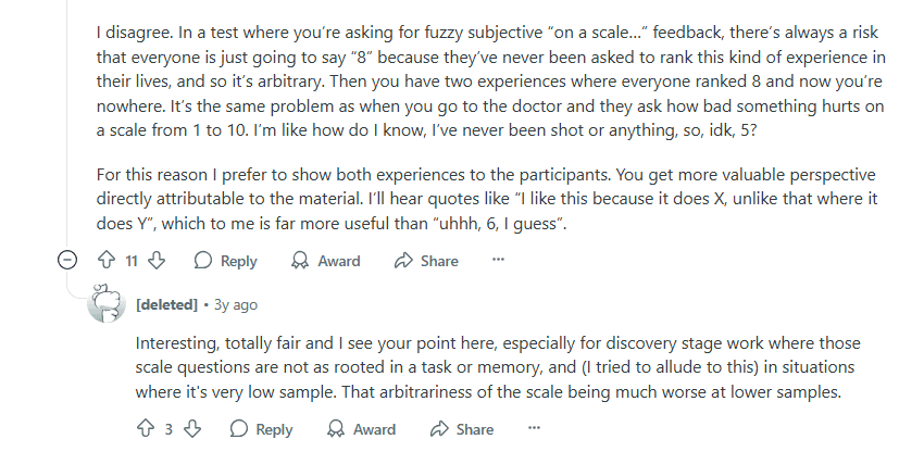 Reddit thread discussing issues with 1–10 rating scales in feedback