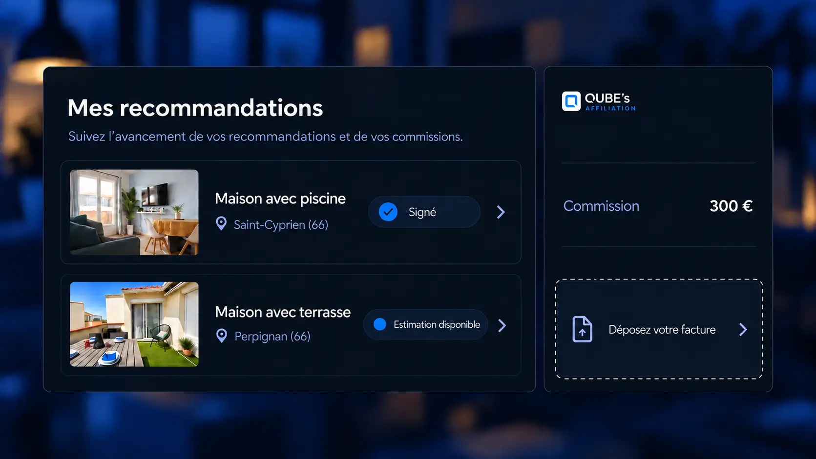 Tableau de suivi des recommandations immobilières QUBE's affichant l'avancement des dossiers et une commission de 300 € pour une recommandation concrétisée.