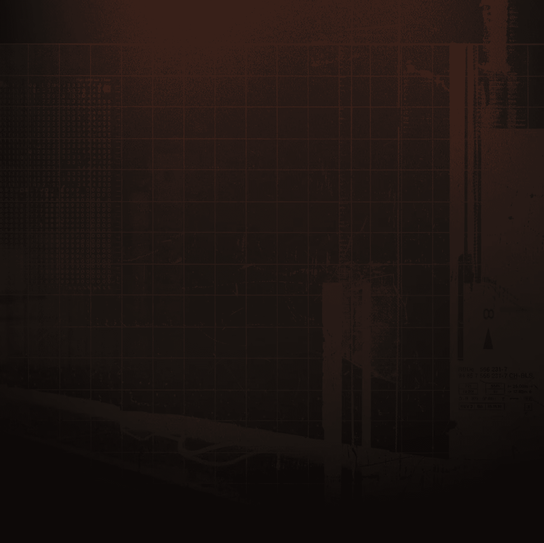 Dark, blurry image of a gridded wall with a faint figure in the lower right corner.