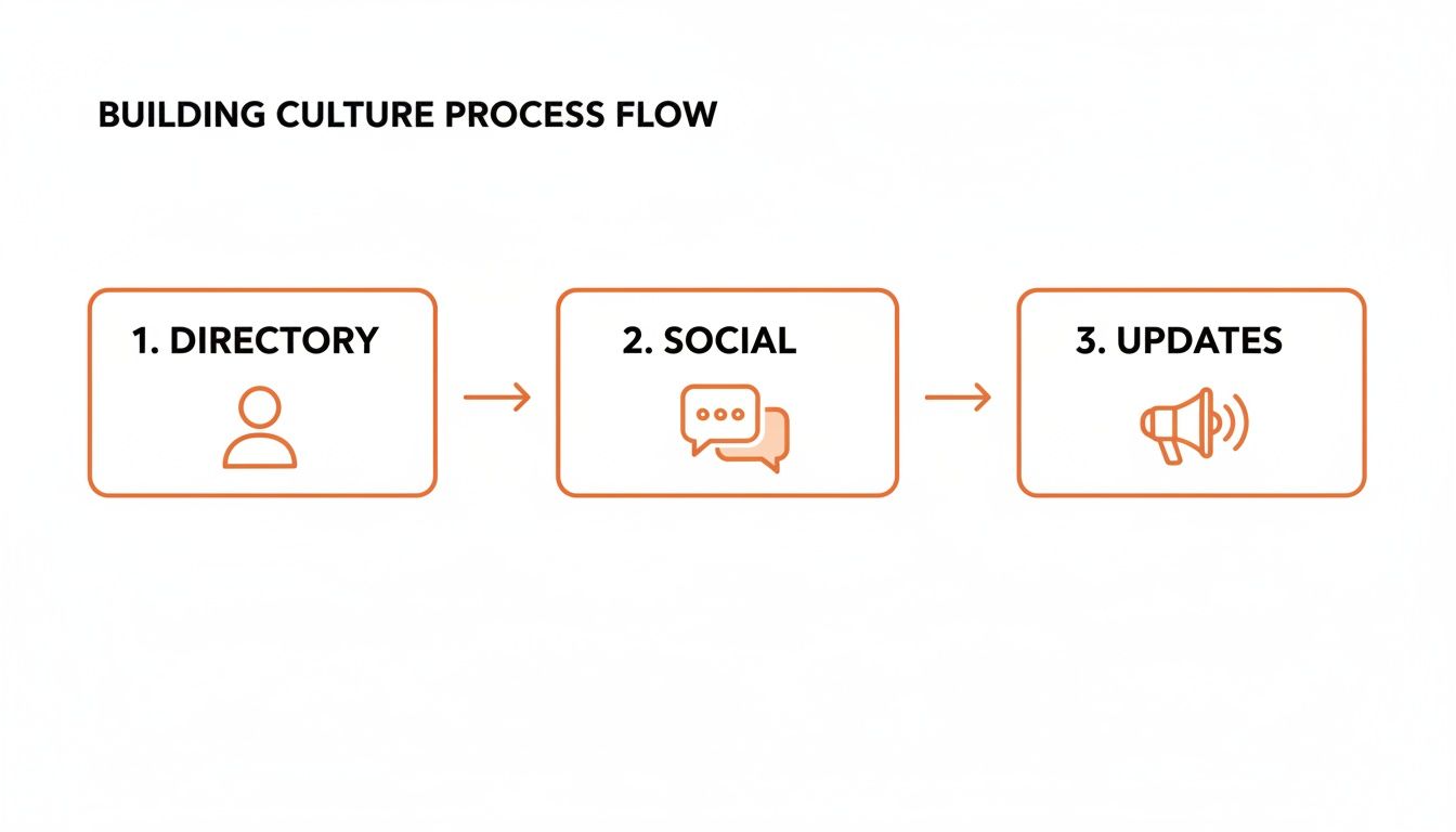 A three-step process flow for building culture, including Directory, Social, and Updates, with icons.
