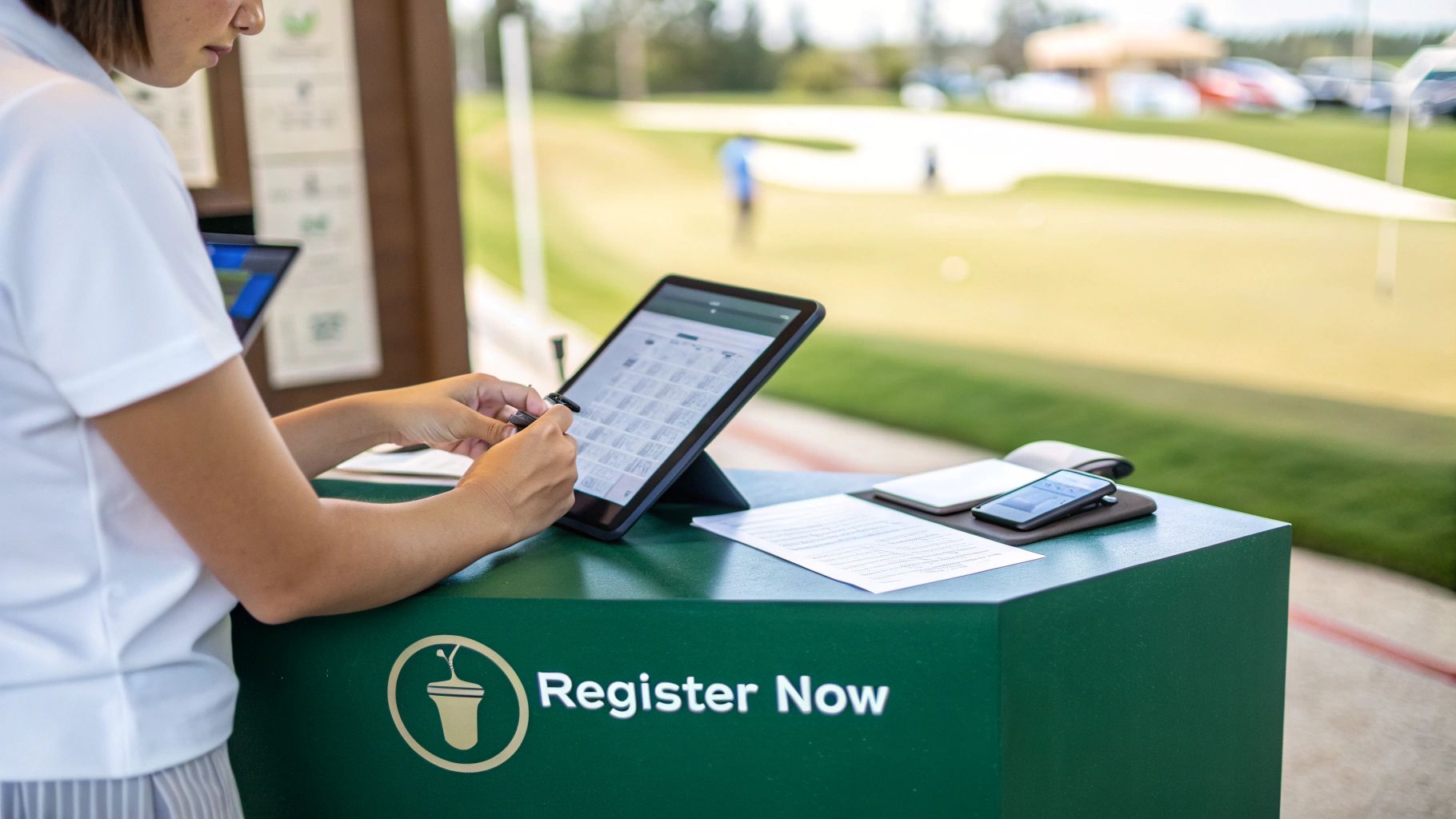 A person uses a stylus on a tablet to register for an event at a green counter with a golf course background.