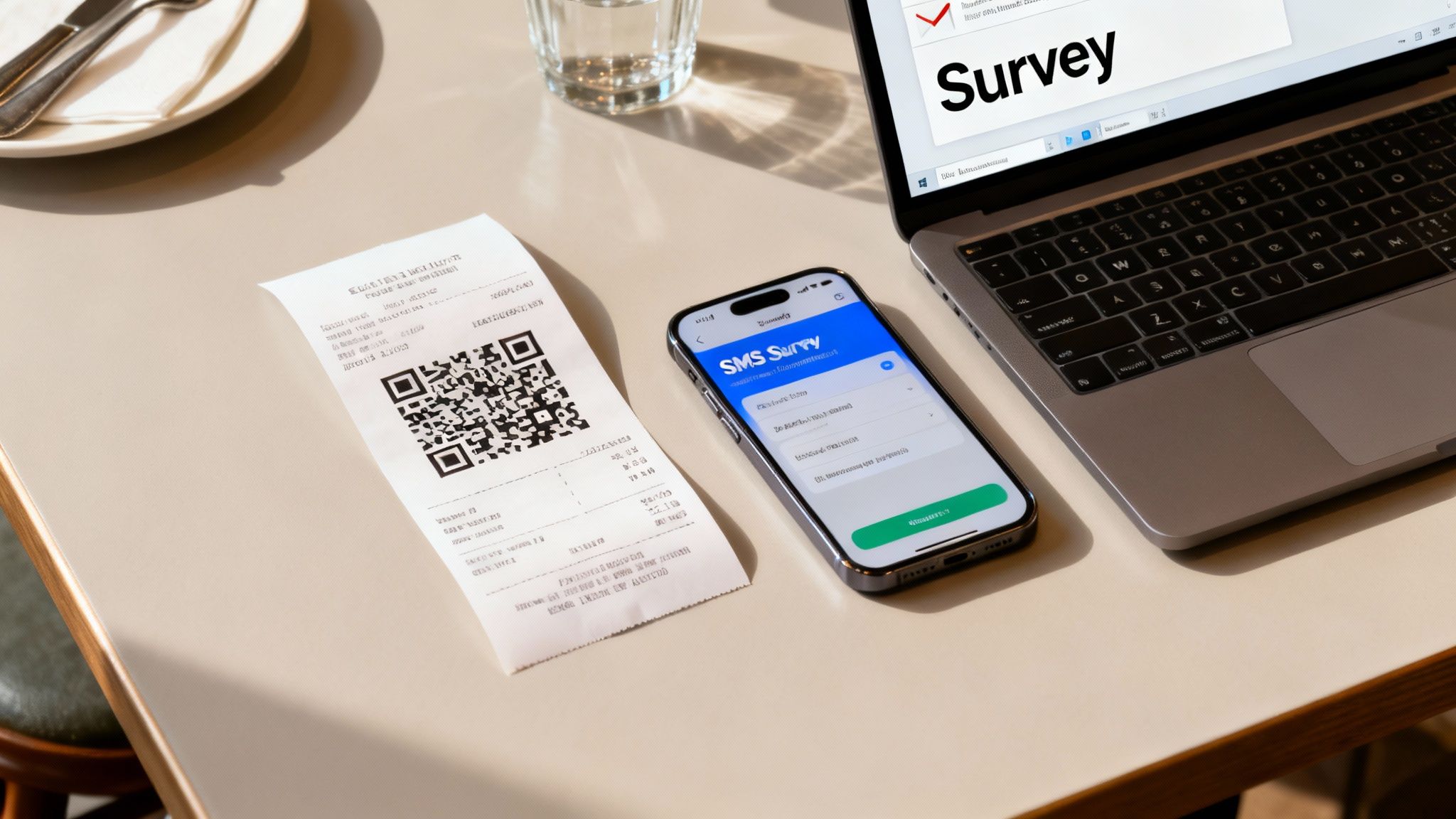 Digital customer feedback collection showing a receipt with QR code, survey app, and laptop.