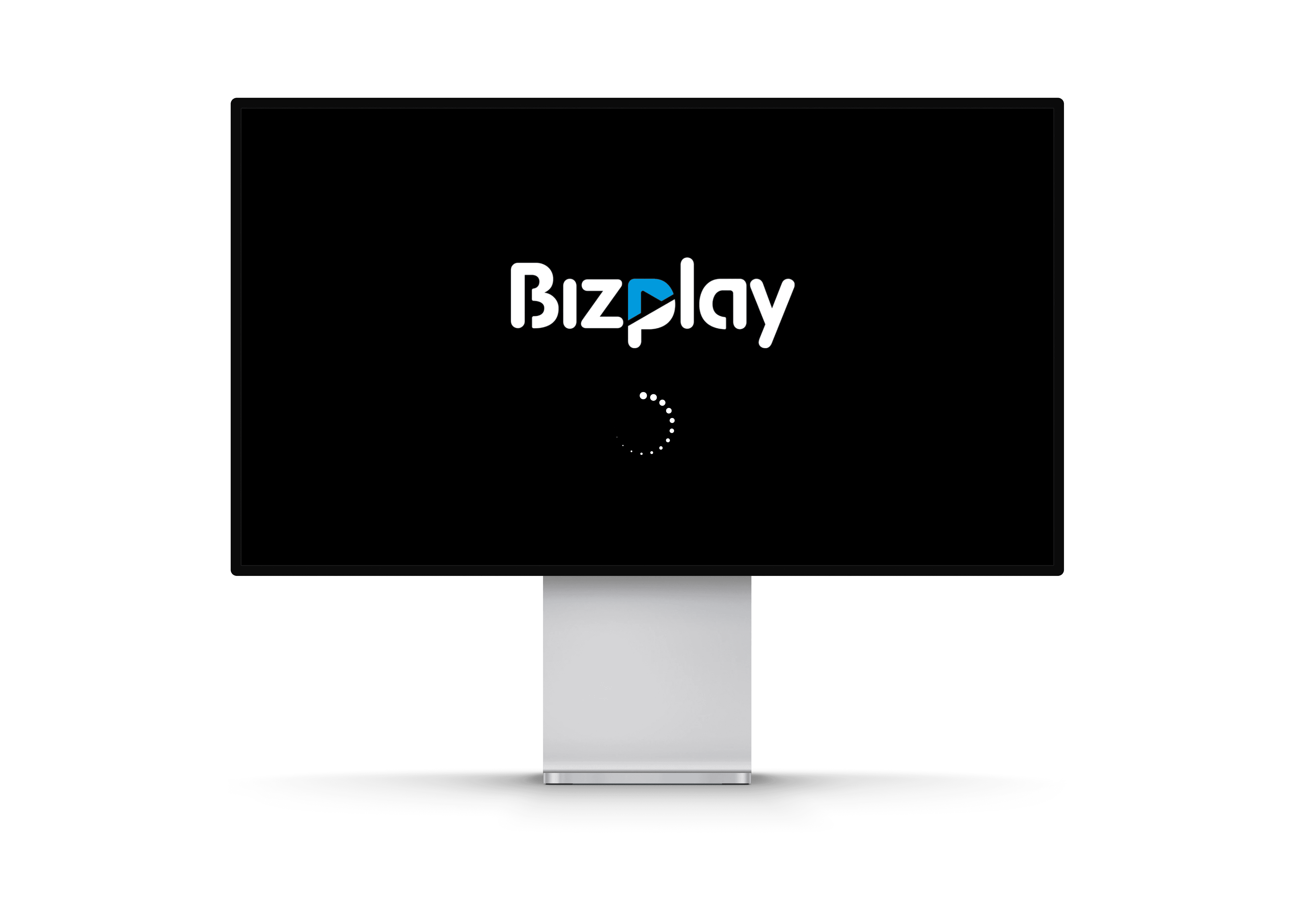 Digital signage screen loading Bizplay player, showing startup screen for cloud-based digital signage software.