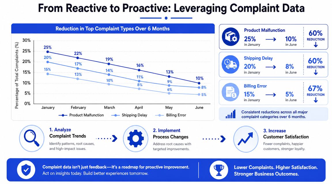 An infographic showing a six-month trend of reducing customer complaints through proactive analysis and process improvements.