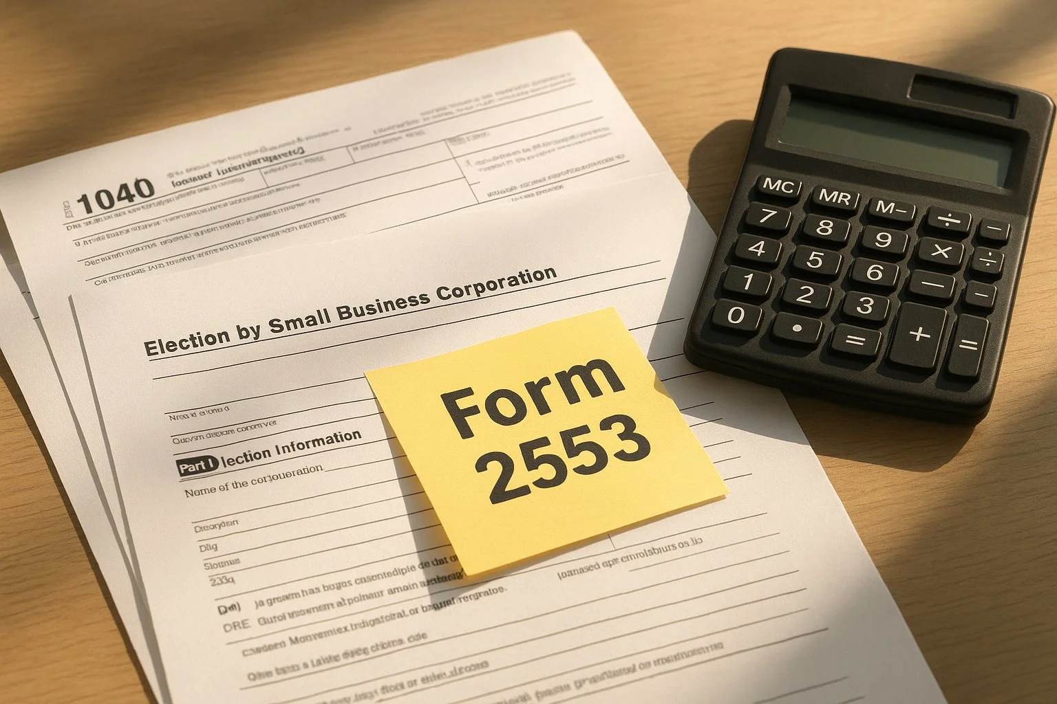Sunlit small business desk with IRS forms, a calculator, and a sticky note labeled “Form 2553,” symbolizing preparation for S-Corp election.