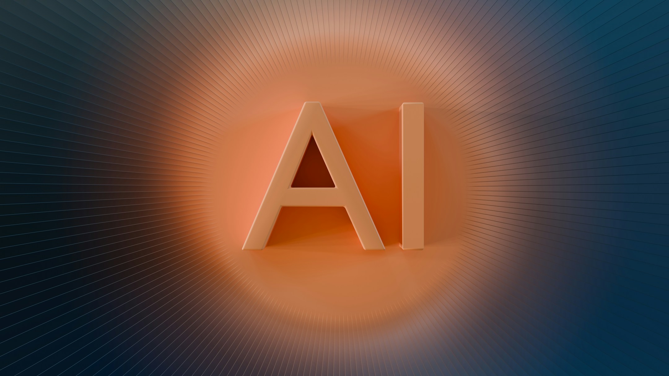 Lettres AI en relief, éclairées d’orange sur fond sombre