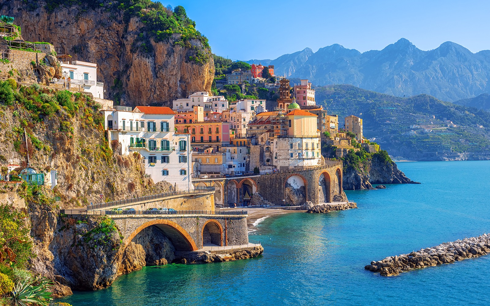 Cliffside village with colorful buildings along the Amalfi Coast, Italy.