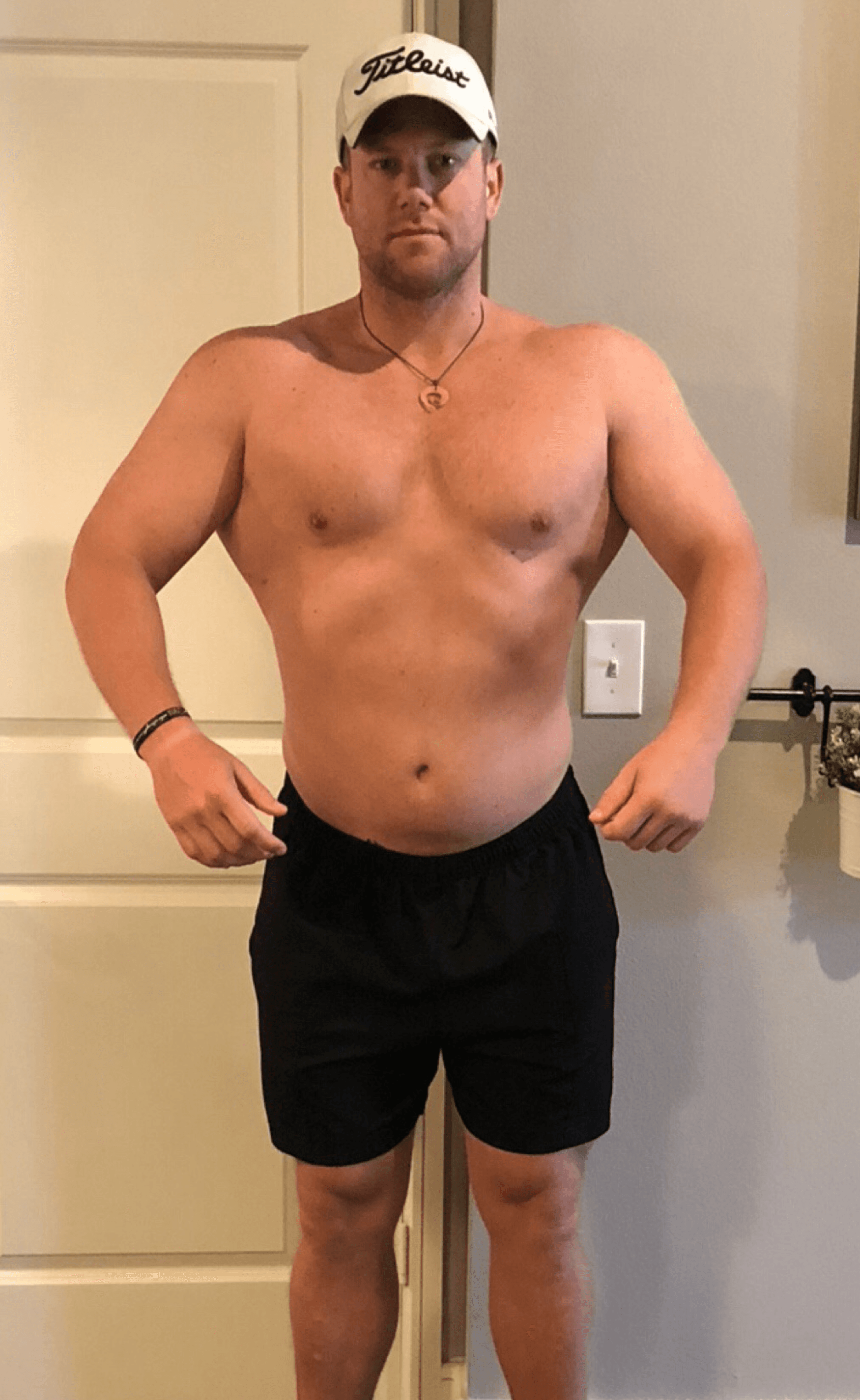 Corey Hartley before photo — starting point before bodybuilding show prep with Chasing Gains