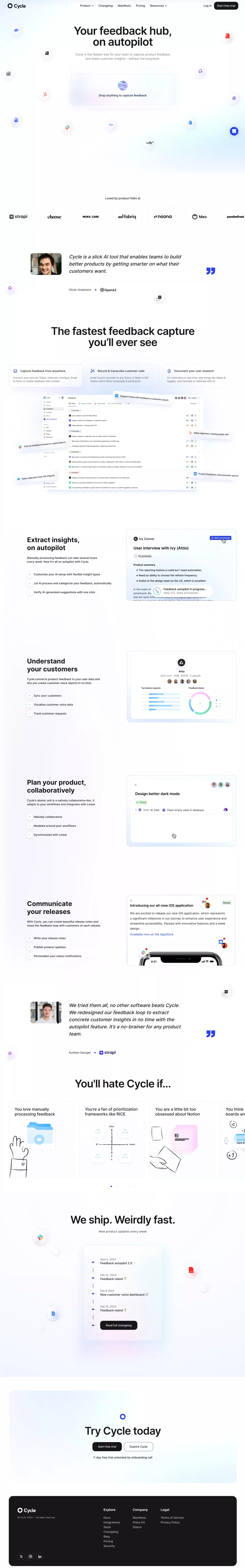 Cycle landing page screenshot showcasing Tech and Marketing design