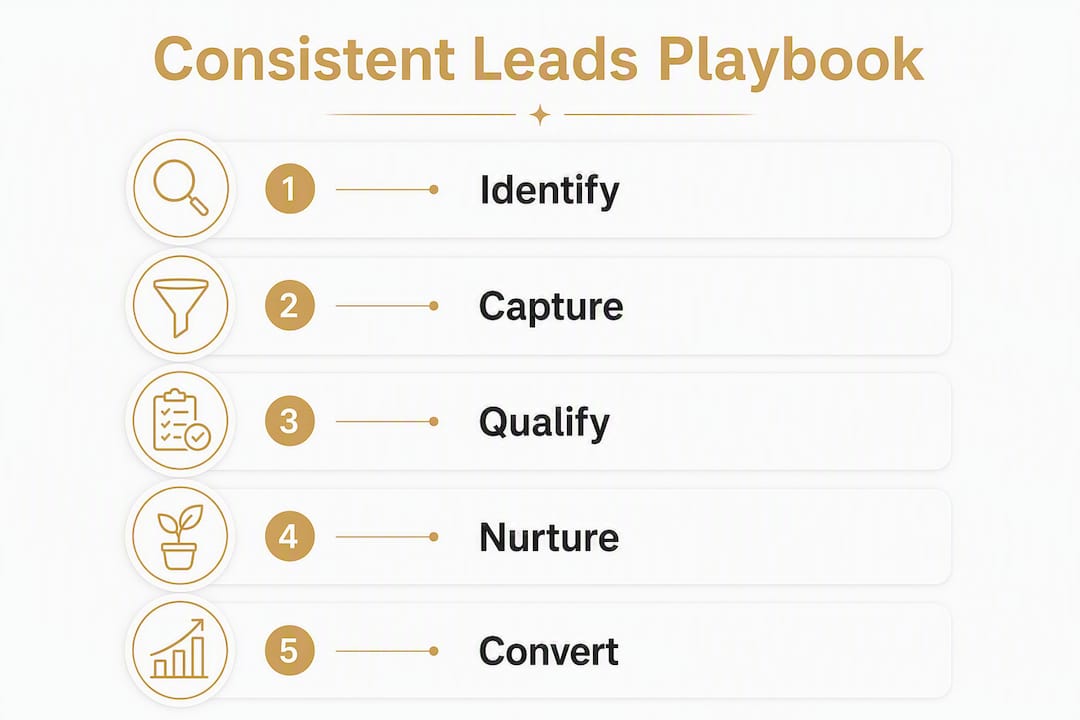Infographic showing five steps to consistent lead generation