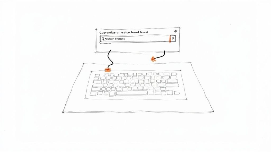 An editor's desk with a focus on their hands customizing a keyboard layout within Adobe Premiere Pro on a monitor.
