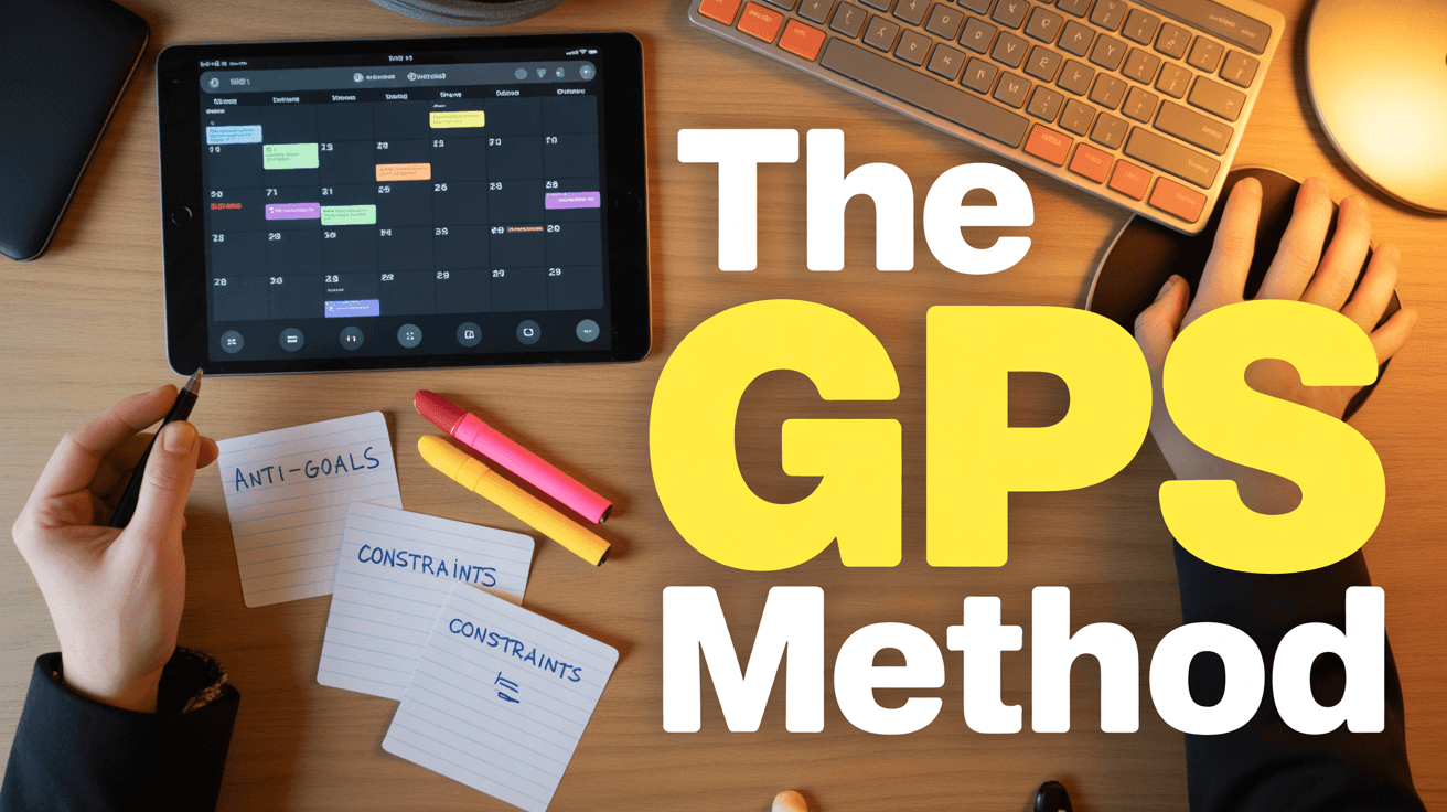 Top-down planning desk with iPad calendar, index cards, and THE GPS METHOD headline