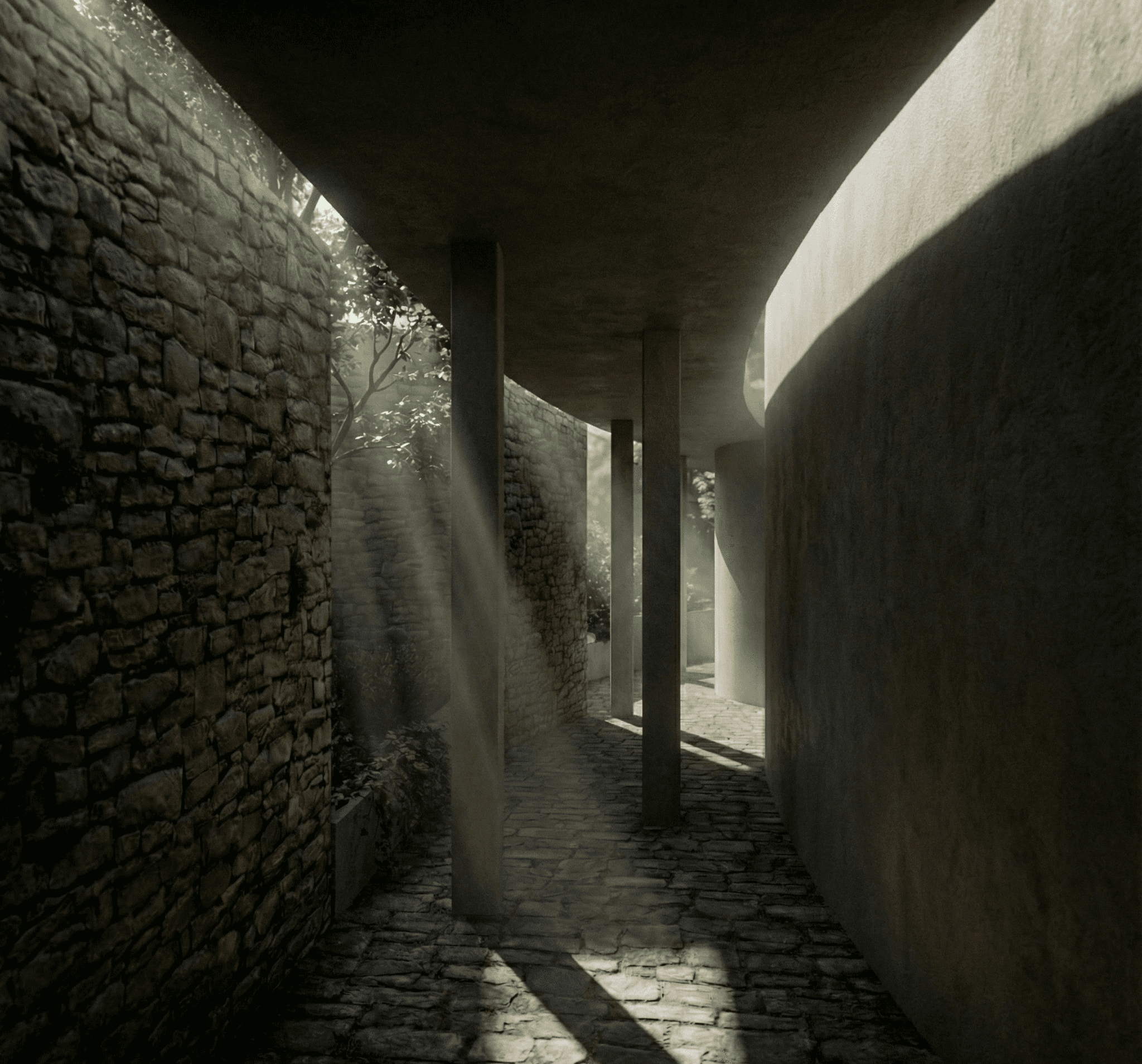 Shadow play: Rhythm and light define this transitional space, where the architecture filters the sun to create dynamic patterns on the paving.