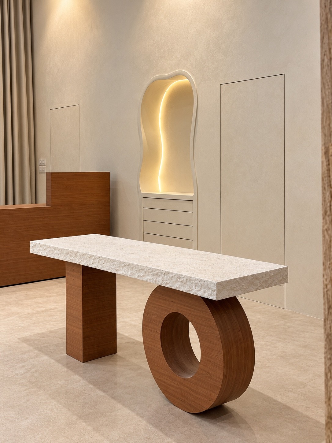 Timber console and illuminated niche — PLANE & PLACE