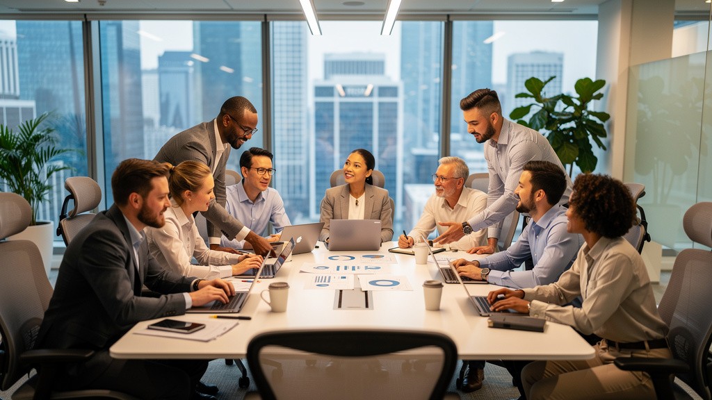 Sales team collaborating on strategy and messaging