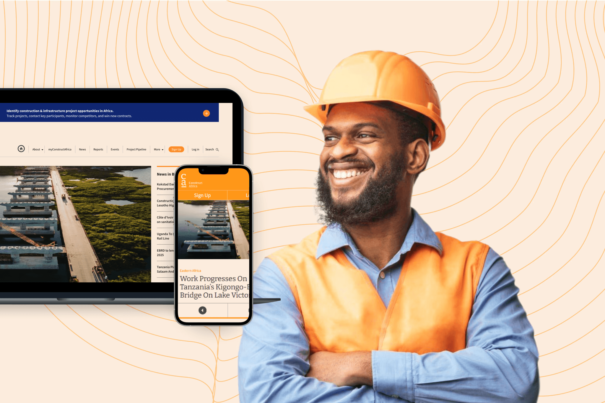 A laptop and phone showing the ConstructAfrica brand website