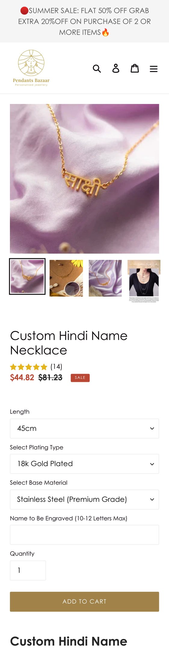 Jewelry product options include: necklace for Custom Hindi Name Necklace from Pendants Bazaar.