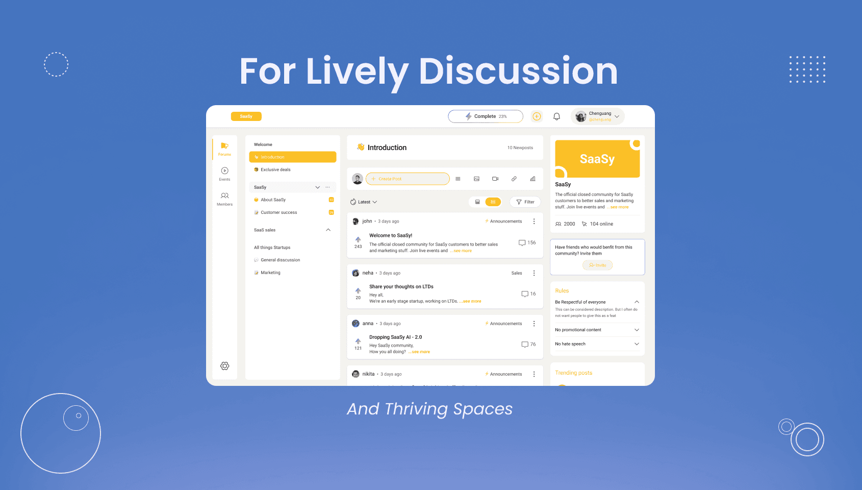 Forums user interface of a learners community built using Wylo, showing thriving discussions among fellow learners.