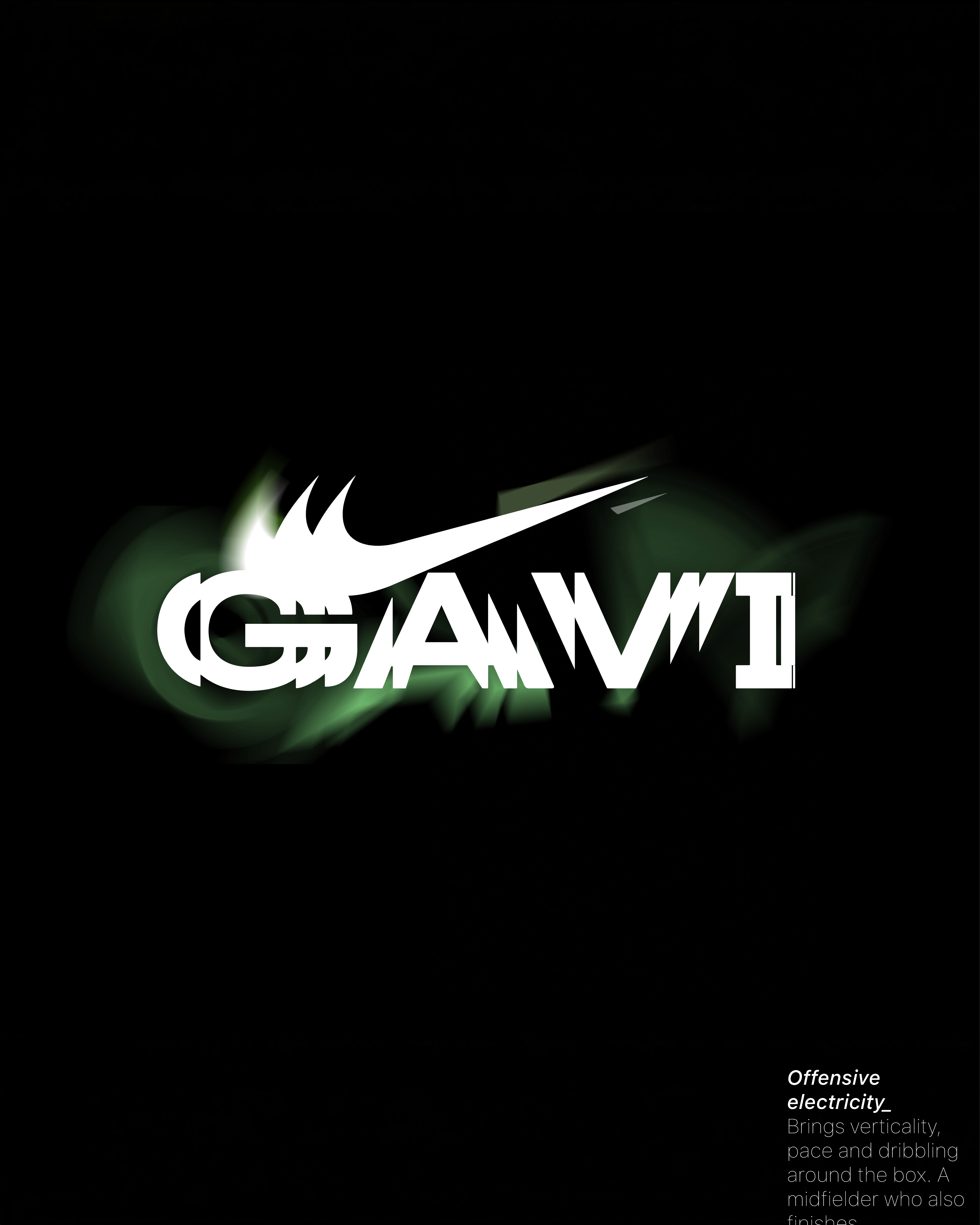 GAVI logotype with the Nike swoosh breaking into spikes and a green glow on black, campaign design by Sebastian Saavedra