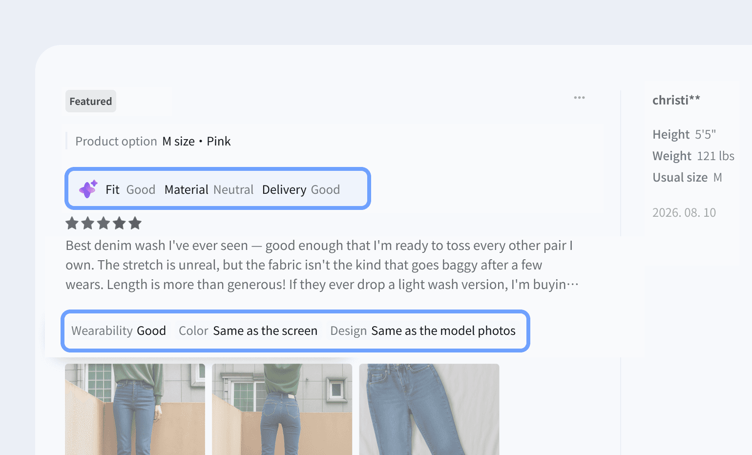 AI analyzed keywords and rating tags on a product review